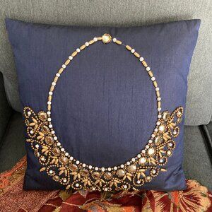Navy Blue Satin Beaded Accent Pillow Boho India 13 X 13"